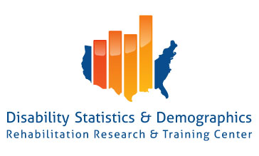 Map of the USA with a bar chart in the middle Text Disability Statistics and Demographics Rehabilitation Research and Training Center