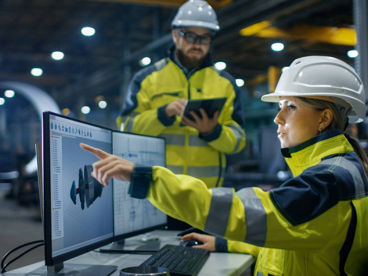 Male and female industrial workers looking at computer monitors
