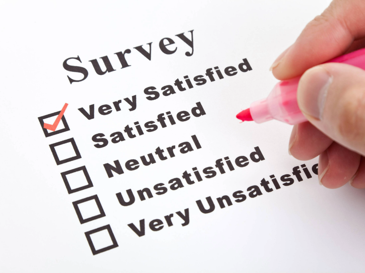 "Survey" on white background with black letters. Choices Very Satisfied Satisfied Neutral Unsatisfied Very Unsatisfied