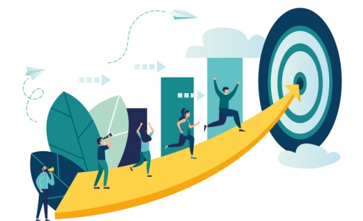 Path leading with animated people leading to a rising target