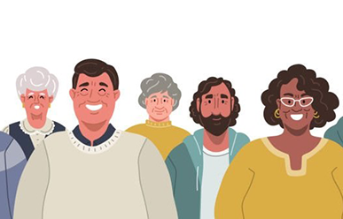 Illustration of 5 diverse, smiling seniors