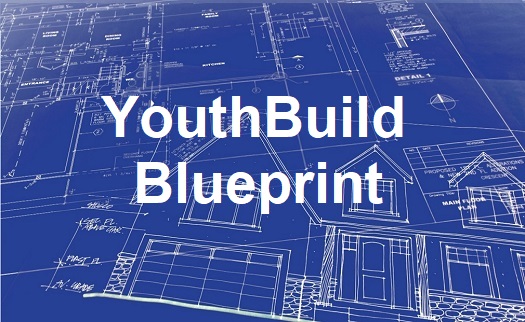 Blueprint on blue background, with YouthBuild Blueprint overlaid in white
