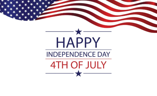 Image with an American Flag waving at the top and the words HAPPY INDEPENDENCE DAY - 4TH OF JULY.