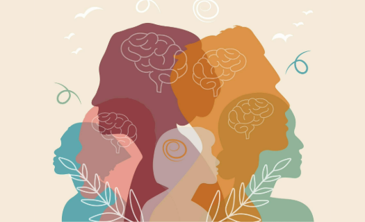 Several diverse human silhouettes with sketches of brains and thriving plants overlaid on the image.