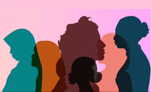 Silhouettes of women in green, orange, red, purple