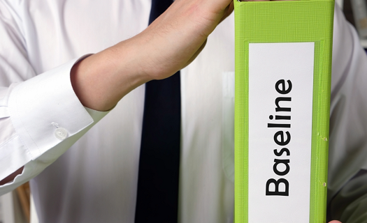 Person in business attire holding a thick three-ring binder with the word BASELINE printed on the spine.
