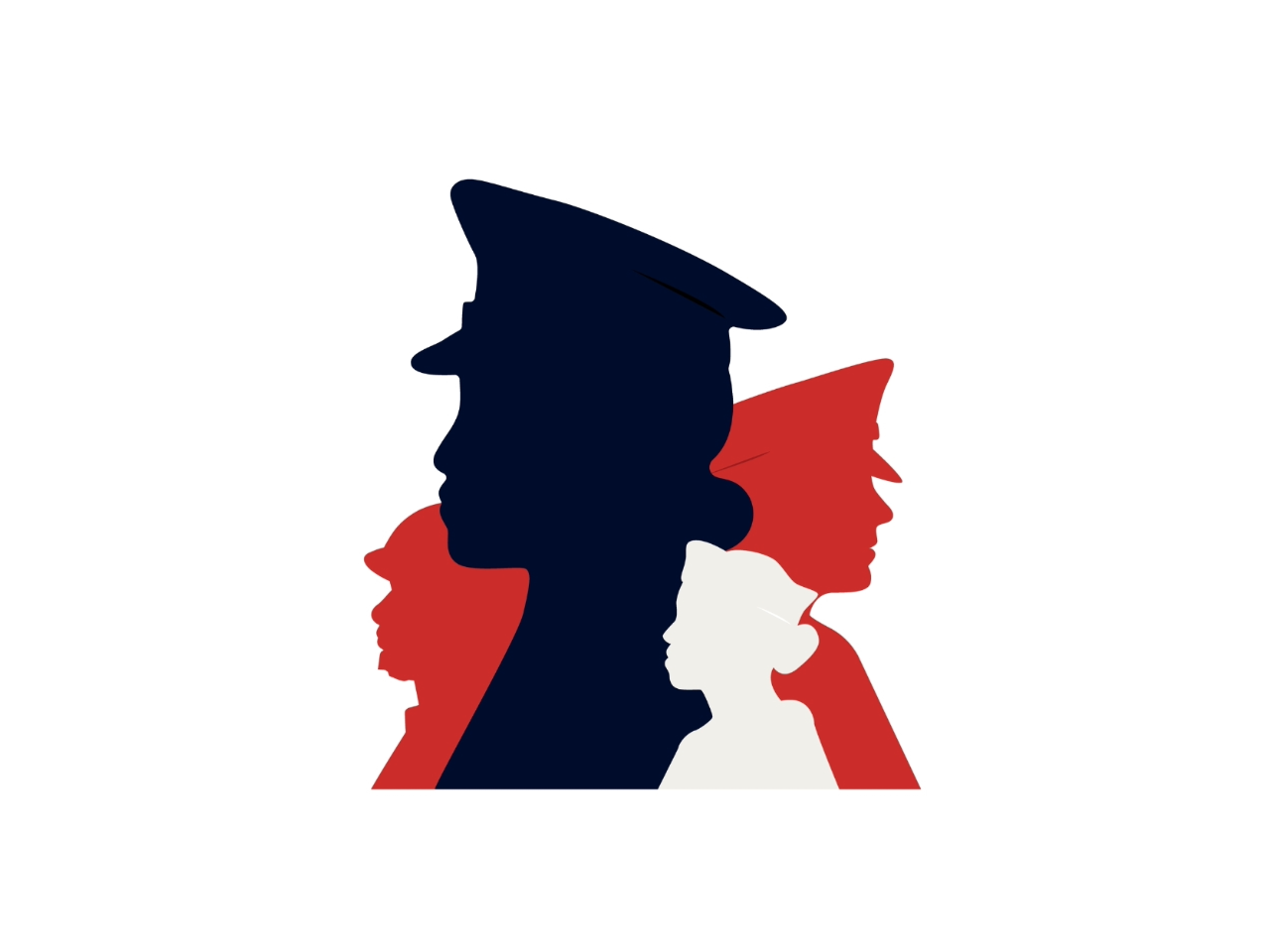 Silhouettes of service members in red, navy blue, and white.