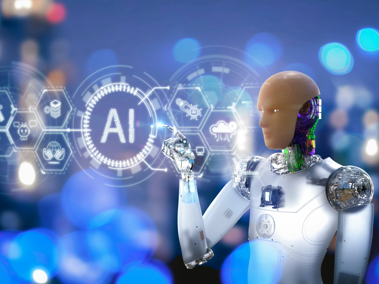 Humanoid robot using its finger to write AI on invisible floating screen