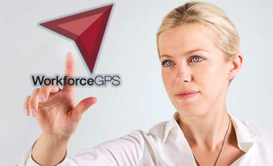 Woman touching Floating WorkforceGPS Logo