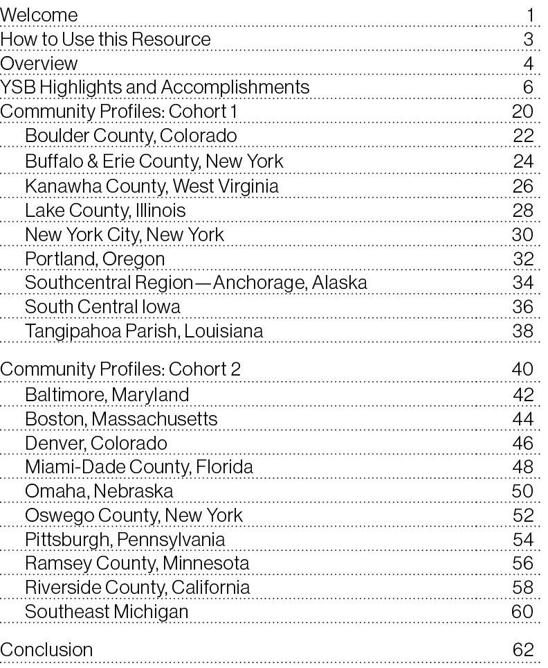 Welcome,1,How to Use this Resource,3,Overview,4,YSB Highlights and Accomplishments,6,Community Profiles: Cohort 1,20,...