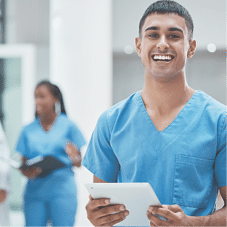 Tablet, healthcare and medicine with a man nurse doing research in a hospital for health or treatment. Medical, insurance and medicare with a young male clinic worker doing a search online.
