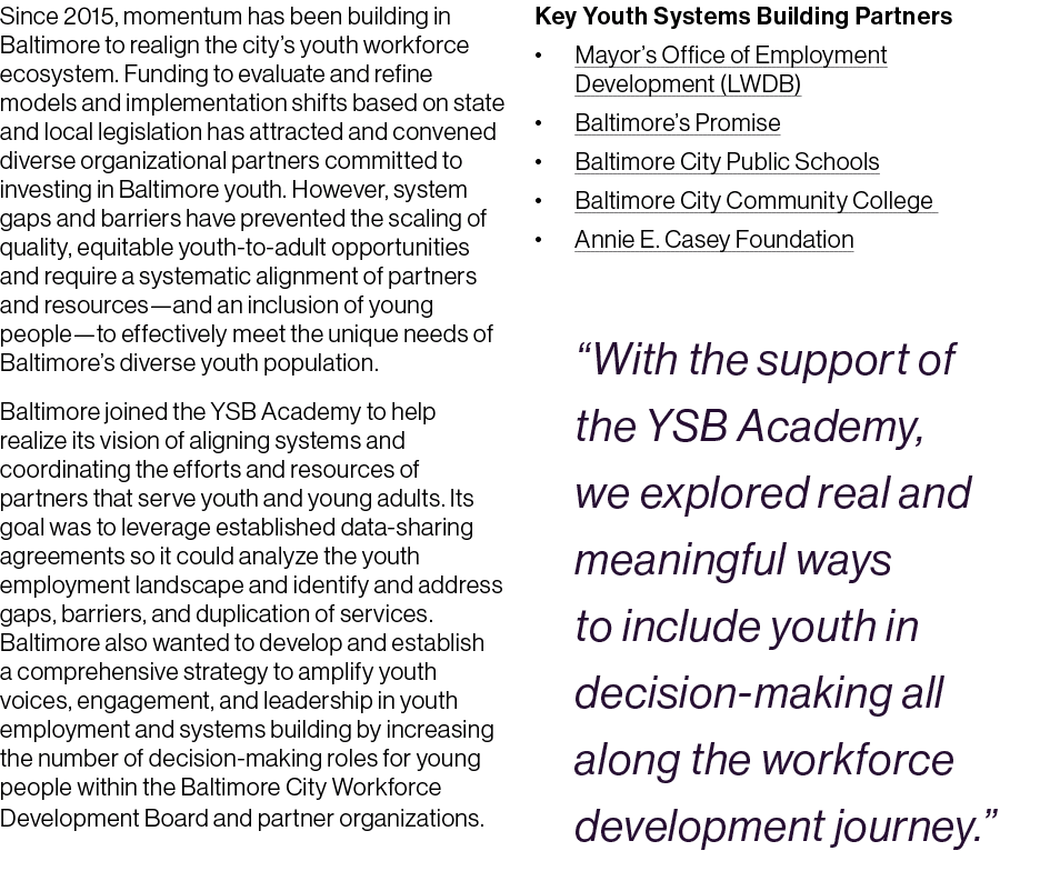 Since 2015, momentum has been building in Baltimore to realign the city’s youth workforce ecosystem. Funding to evalu...