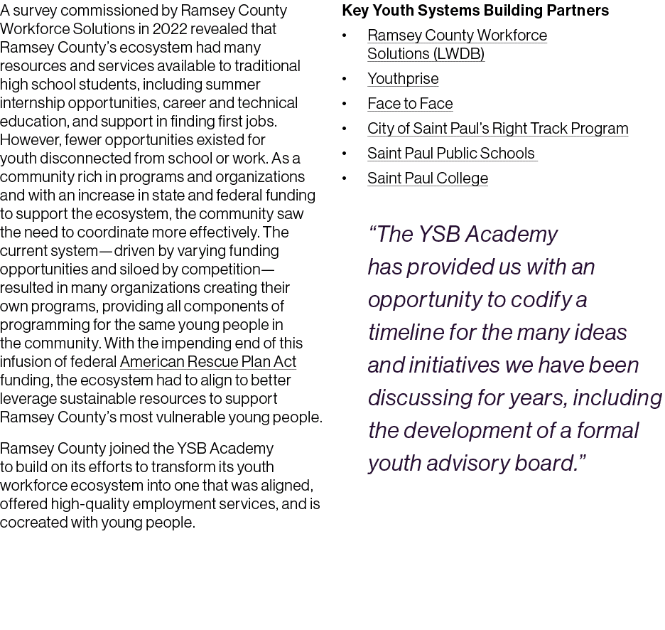 A survey commissioned by Ramsey County Workforce Solutions in 2022 revealed that Ramsey County’s ecosystem had many r...