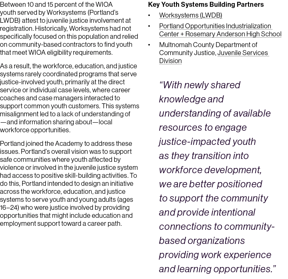 Between 10 and 15 percent of the WIOA youth served by Worksystems (Portland’s LWDB) attest to juvenile justice involv...