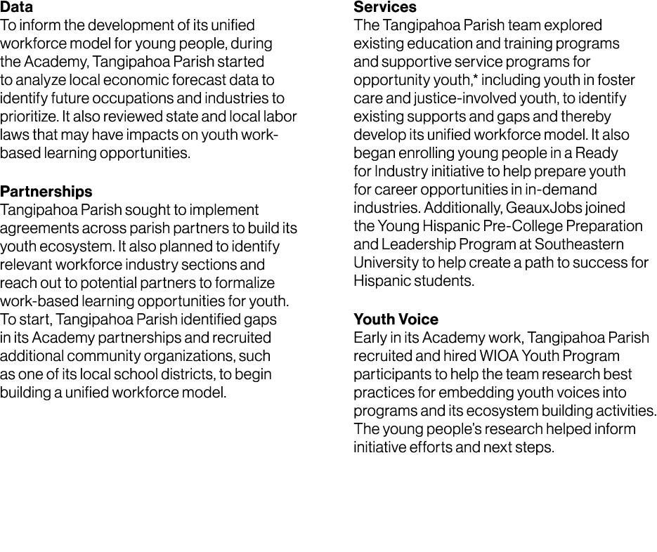 Data To inform the development of its unified workforce model for young people, during the Academy, Tangipahoa Parish...