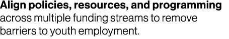 Align policies, resources, and programming across multiple funding streams to remove barriers to youth employment.