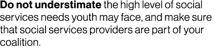Do not understimate the high level of social services needs youth may face, and make sure that social services provid...