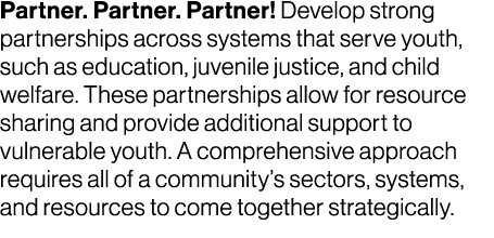 Partner. Partner. Partner! Develop strong partnerships across systems that serve youth, such as education, juvenile j...