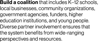 Build a coalition that includes K–12 schools, local businesses, community organizations, government agencies, funders...