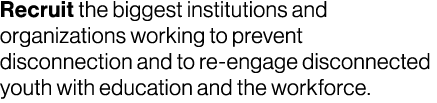 Recruit the biggest institutions and organizations working to prevent disconnection and to re engage disconnected you...