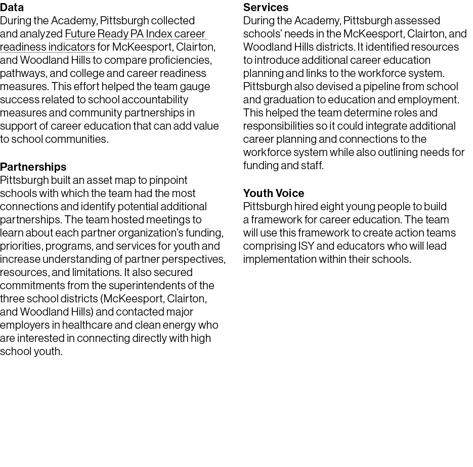 Data During the Academy, Pittsburgh collected and analyzed Future Ready PA Index career readiness indicators for McKe...