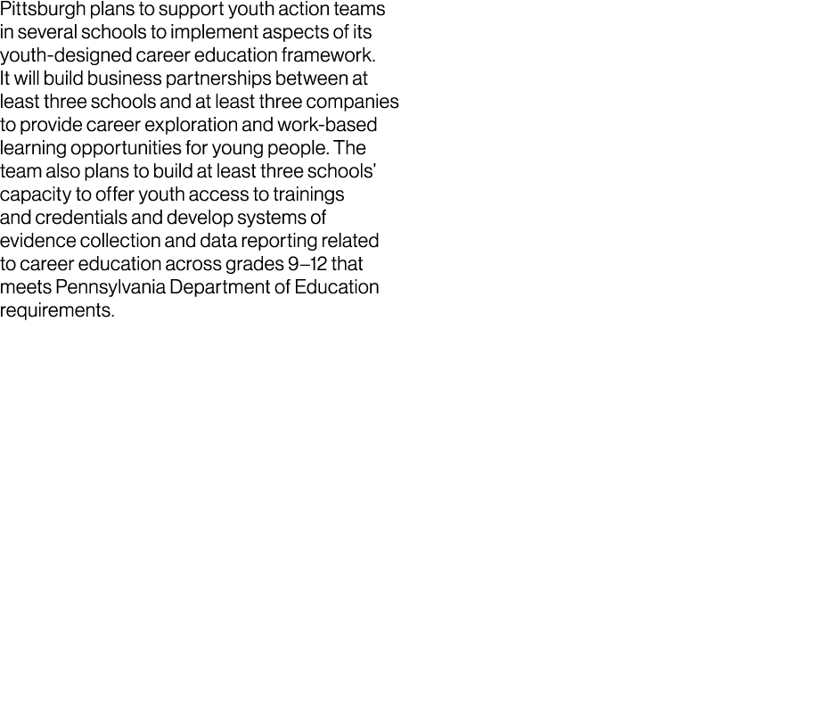 Pittsburgh plans to support youth action teams in several schools to implement aspects of its youth designed career e...