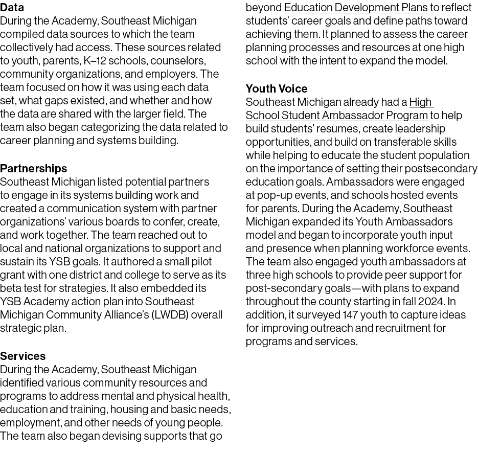 Data During the Academy, Southeast Michigan compiled data sources to which the team collectively had access. These so...
