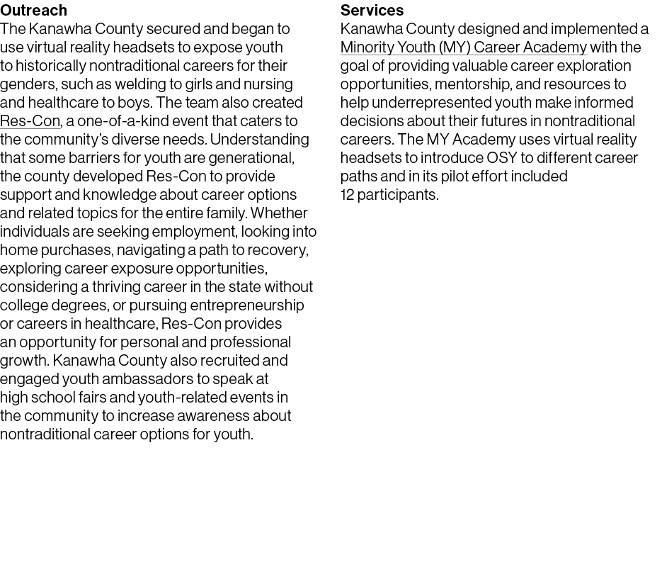 Outreach The Kanawha County secured and began to use virtual reality headsets to expose youth to historically nontrad...