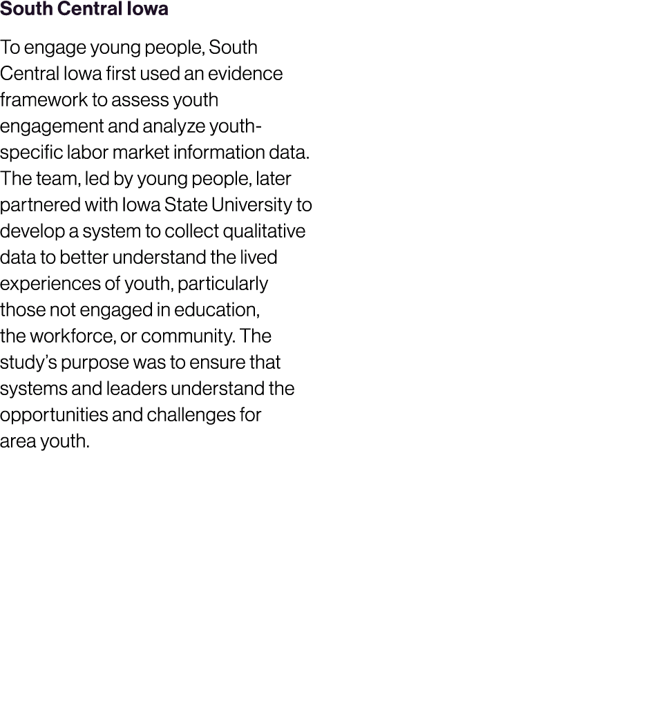 South Central Iowa To engage young people, South Central Iowa first used an evidence framework to assess youth engage...