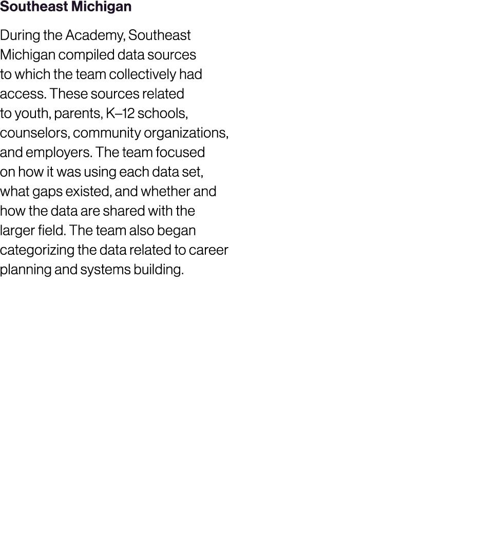 Southeast Michigan During the Academy, Southeast Michigan compiled data sources to which the team collectively had ac...