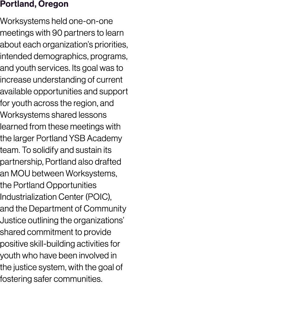 Portland, Oregon Worksystems held one on one meetings with 90 partners to learn about each organization’s priorities,...
