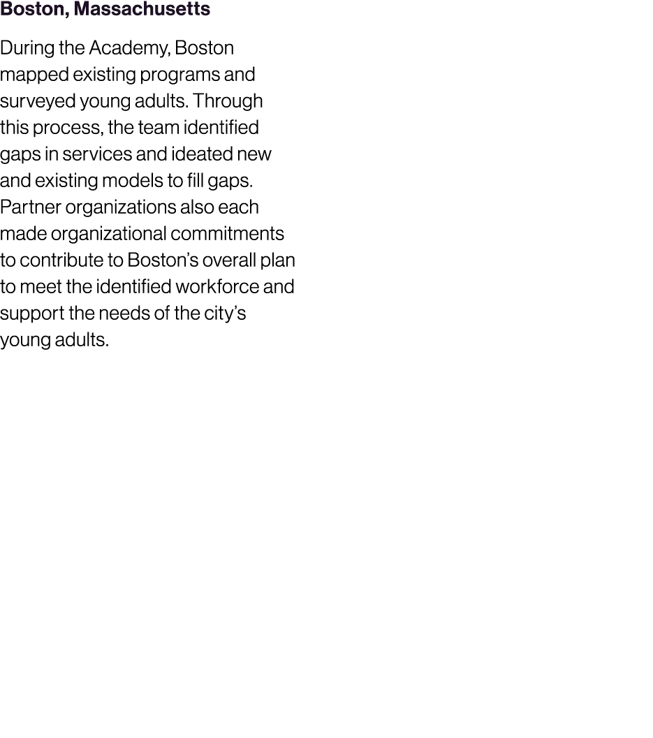 Boston, Massachusetts During the Academy, Boston mapped existing programs and surveyed young adults. Through this pro...