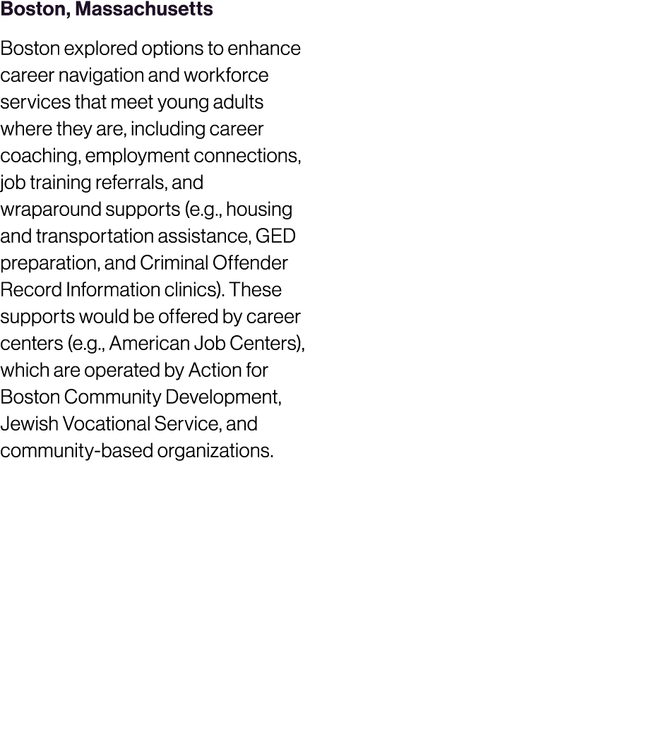 Boston, Massachusetts Boston explored options to enhance career navigation and workforce services that meet young adu...