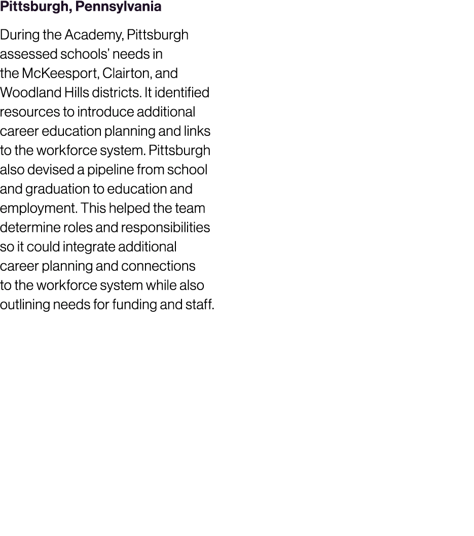 Pittsburgh, Pennsylvania During the Academy, Pittsburgh assessed schools’ needs in the McKeesport, Clairton, and Wood...