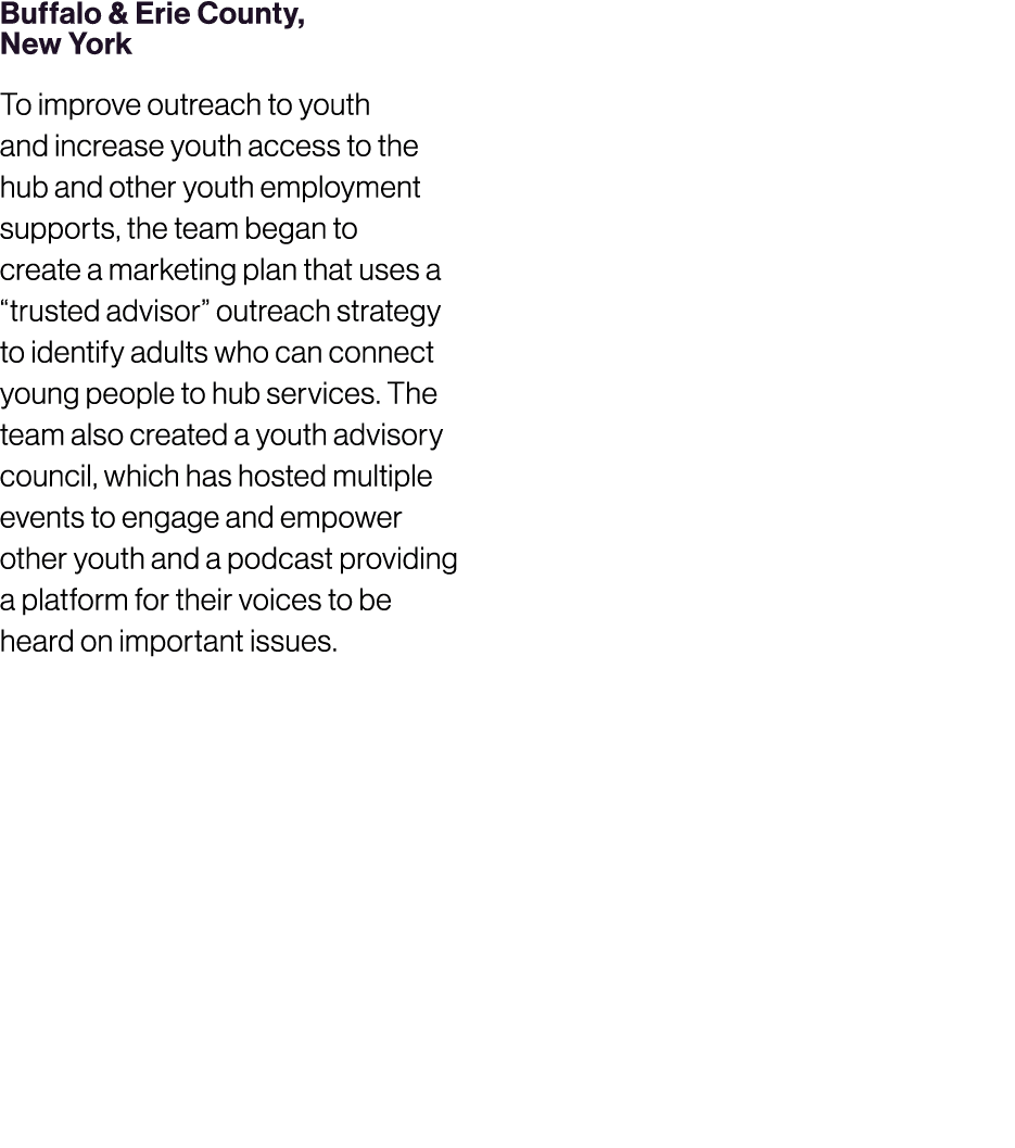 Buffalo & Erie County, New York To improve outreach to youth and increase youth access to the hub and other youth emp...