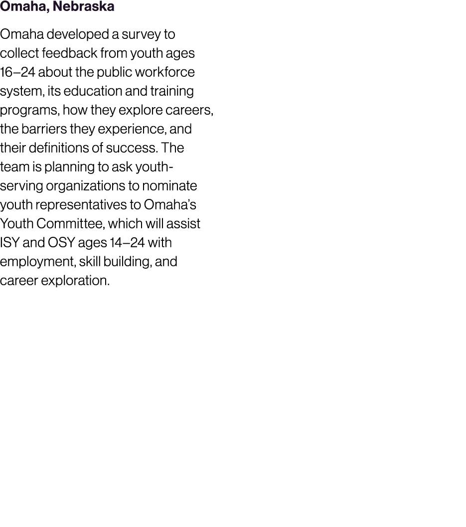 Omaha, Nebraska Omaha developed a survey to collect feedback from youth ages 16–24 about the public workforce system,...